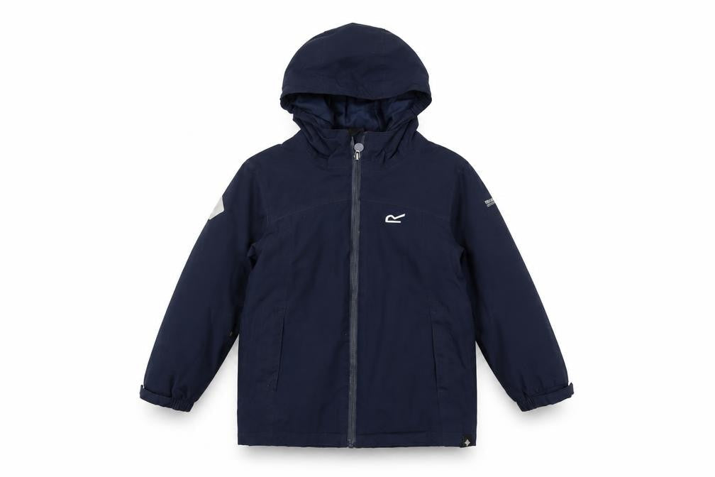 Front view of Regatta boys’ blue anorak jacket, age 5-6, waterproof