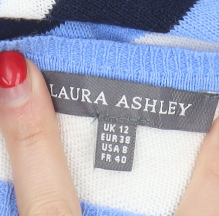 Laura Ashley Women's Blue Striped V-Neck Jumper UK 12