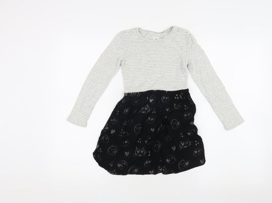 GAP Girls Grey & Black Striped Animal Cats Print Dress 6-7 Years