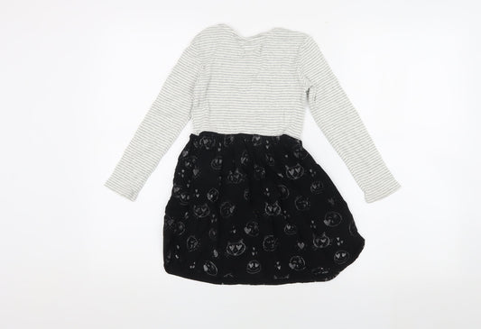 GAP Girls Grey & Black Striped Animal Cats Print Dress 6-7 Years