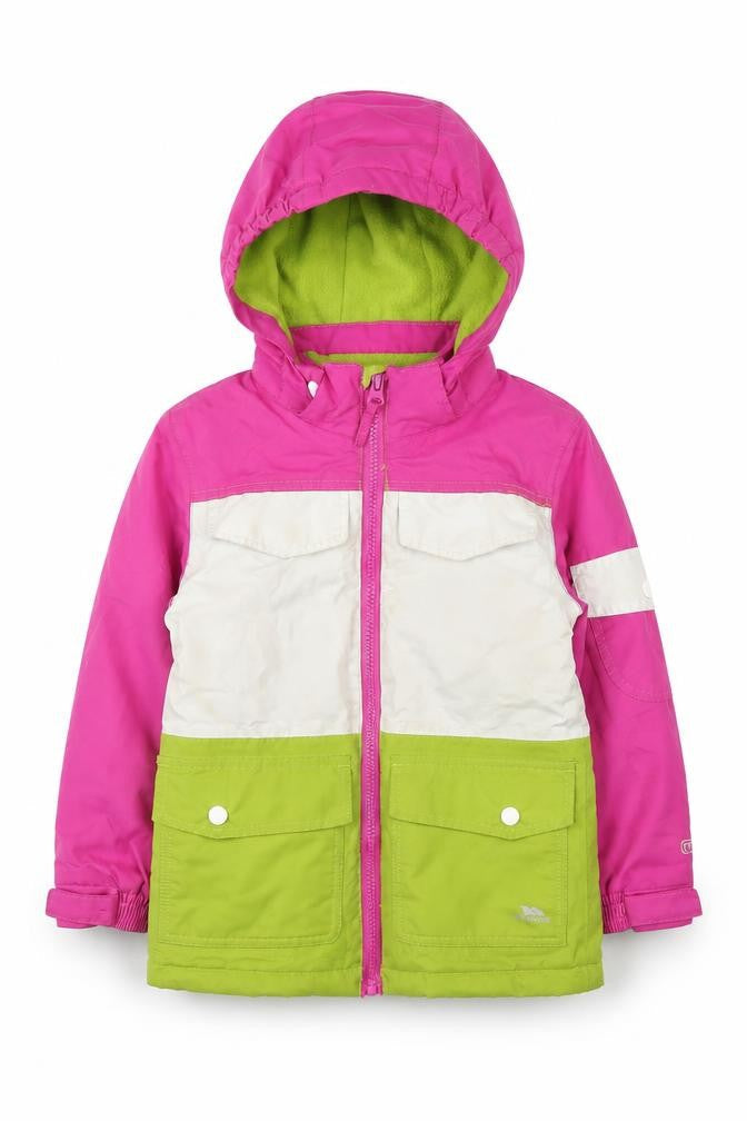 Front view of Trespass girls’ pink parka jacket 3-4 years waterproof