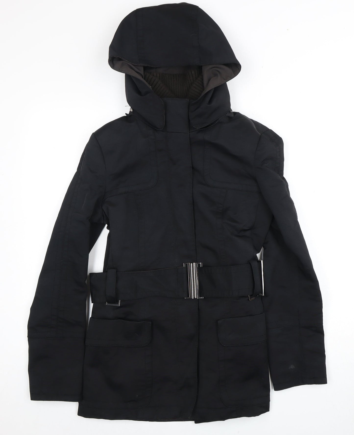 Zara Basic Women's Black Parka Size 10 Hooded Belted