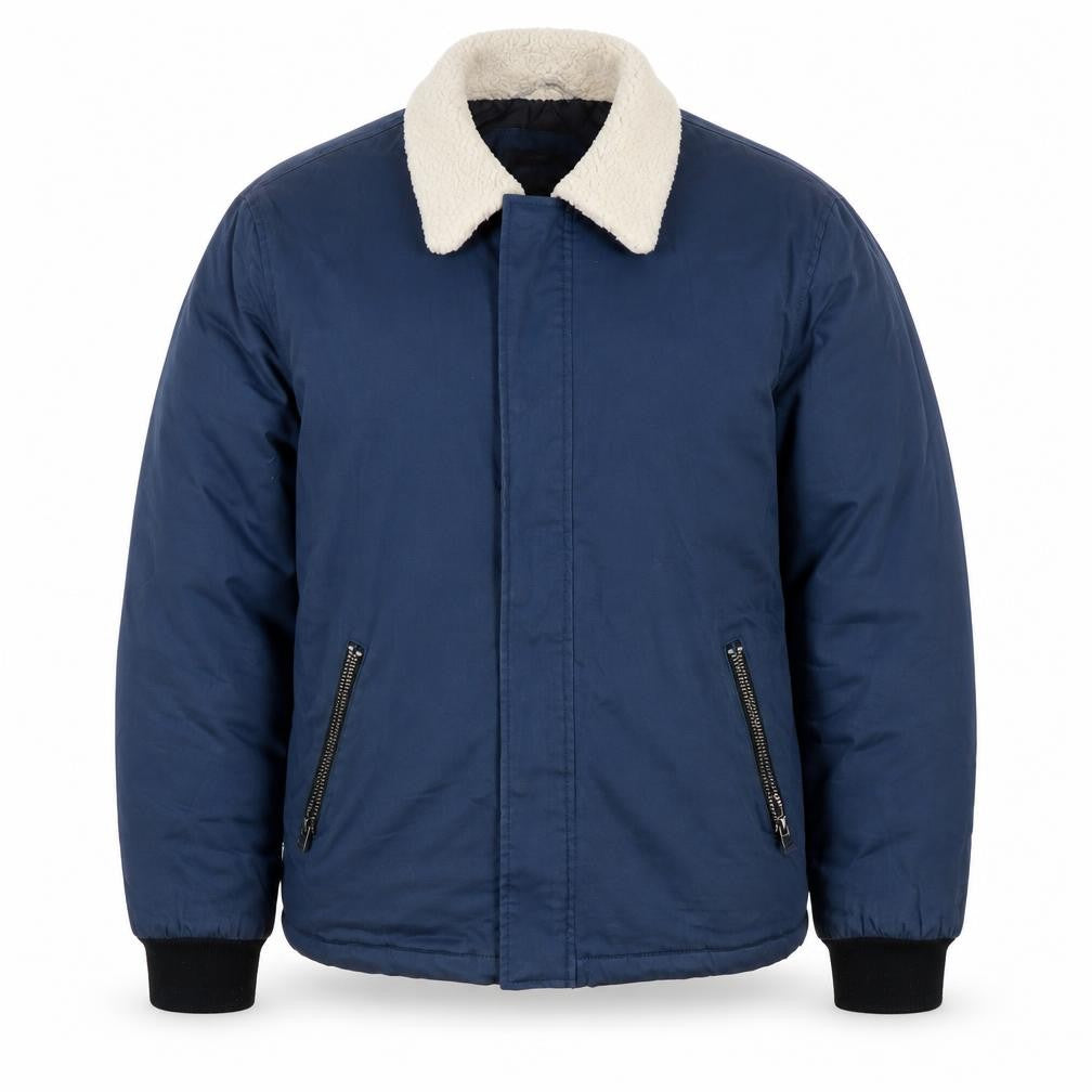 River Island Men's Blue Bomber Jacket L - Fur Trim & Zipped Pockets