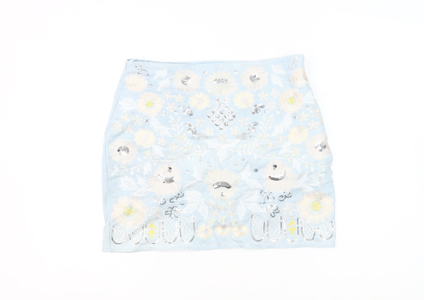 Drôle de Copine Blue Embroidered Sequin Pencil Skirt M