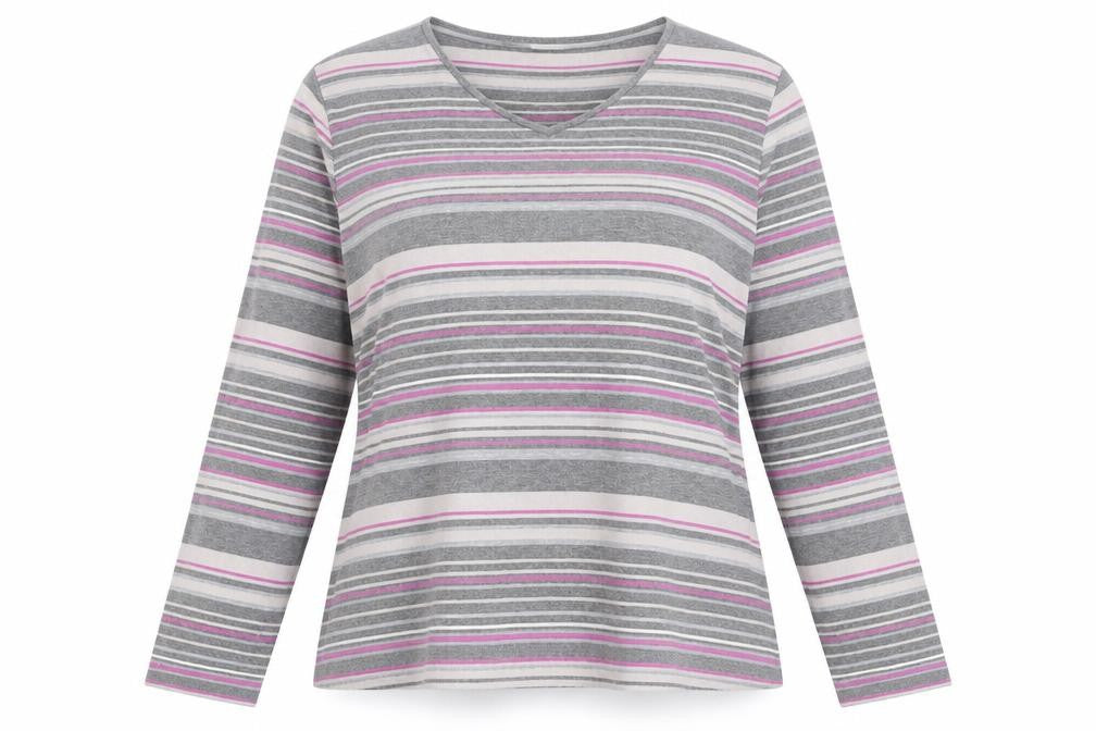 Viyella Women's Grey Striped Long Sleeve T-Shirt L
