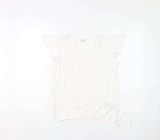 Fat Face Women's White Crochet V-Neck T-Shirt S