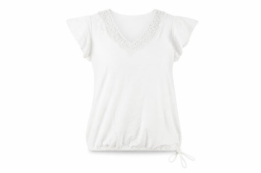 FatFace Women's White Crochet V-Neck T-Shirt S
