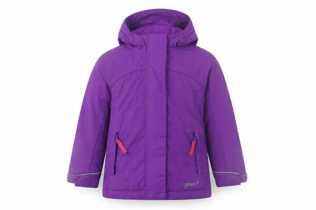 Front view of Gelert girls’ purple hooded waterproof jacket 3-4 years