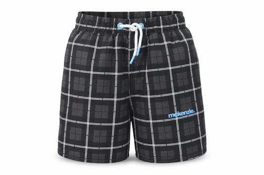 McKenzie Boys Black Swim Shorts, Size 8-9, Plaid Pattern