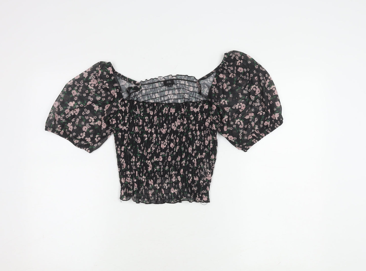 River Island Floral Off Shoulder Cropped Blouse, Size 12, Black