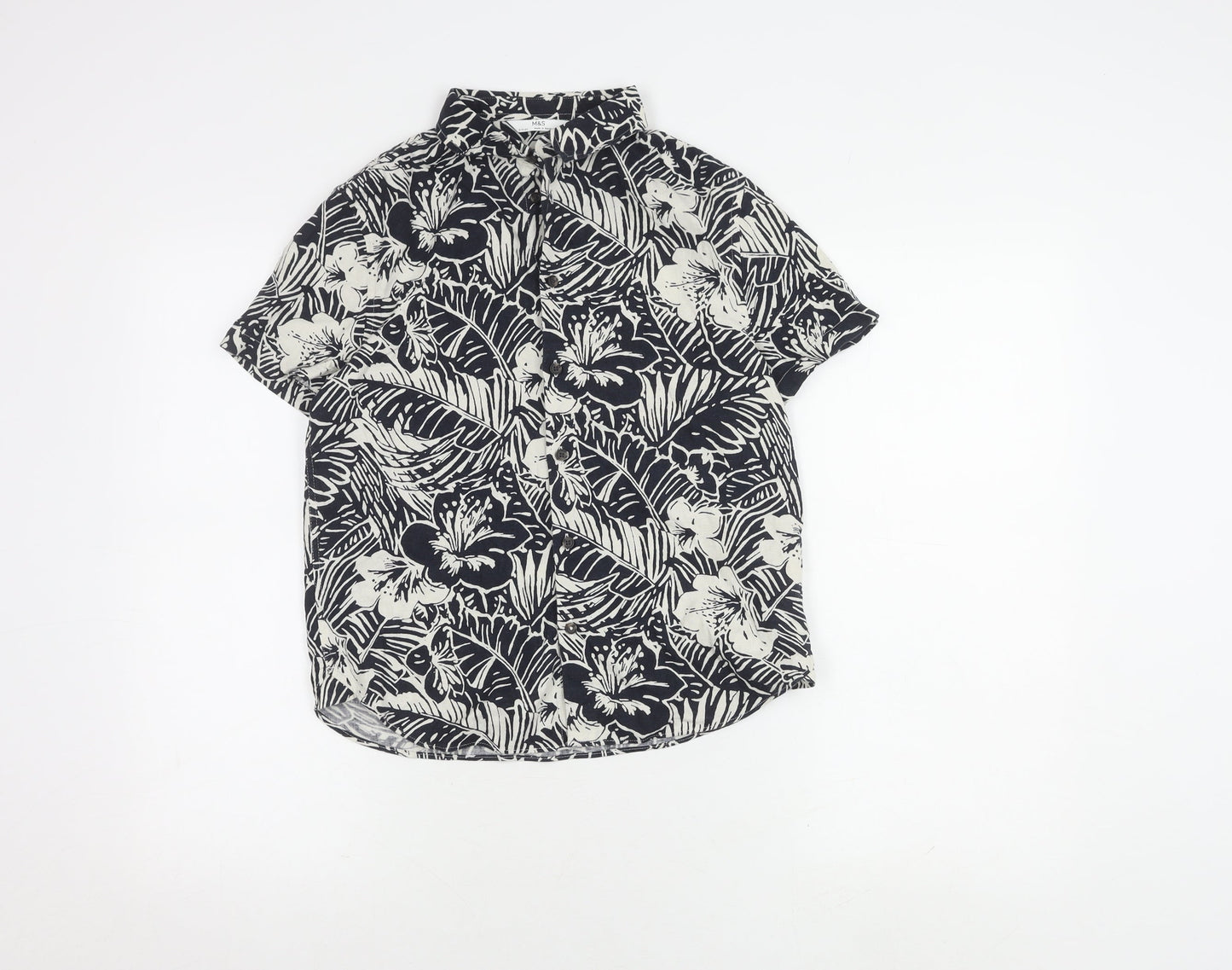 Marks and Spencer Boys Blue Floral Shirt 9-10 Yrs Linen Viscose