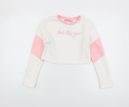 McKenzie Girls White Pink Sweatshirt 12-13 Years Logo Crew Neck