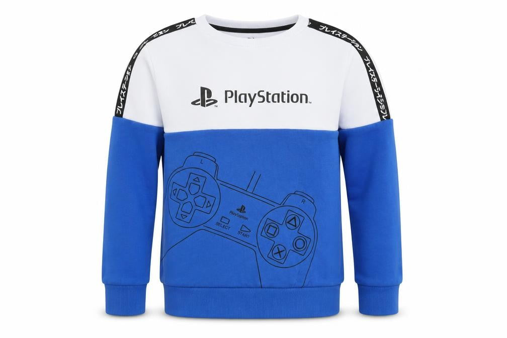 Front view of PlayStation boys’ blue white pullover sweatshirt, size 11, years
