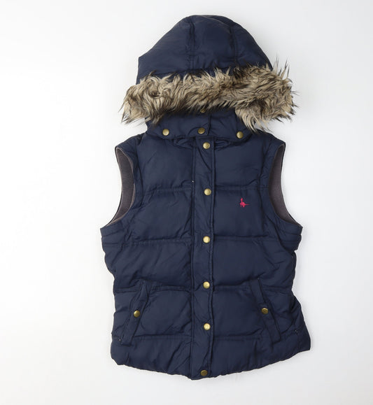 Jack Wills Women's Blue Hooded Fur Trim Waistcoat - Size 8