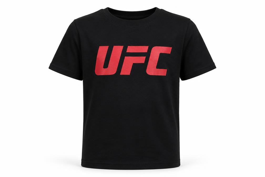 Front view of UFC boys’ black t-shirt 9-10 years short sleeve logo
