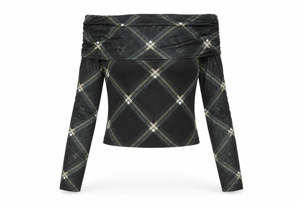 Front view of ASOS DESIGN Women's Black Check Cropped Blouse, size S