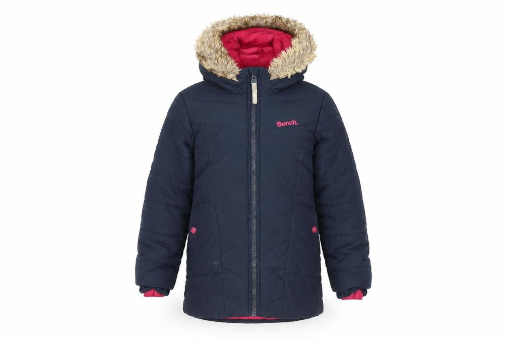 Front view of Bench girls’ blue puffer jacket, 5-6 years, hooded and lined