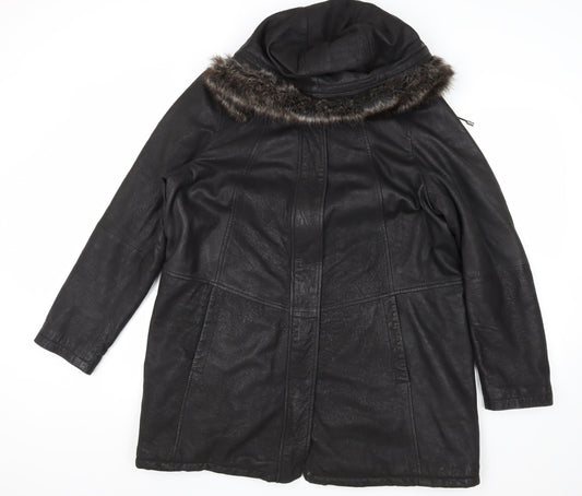 Lakeland Women's Black Leather Fur Trim Coat Size 16