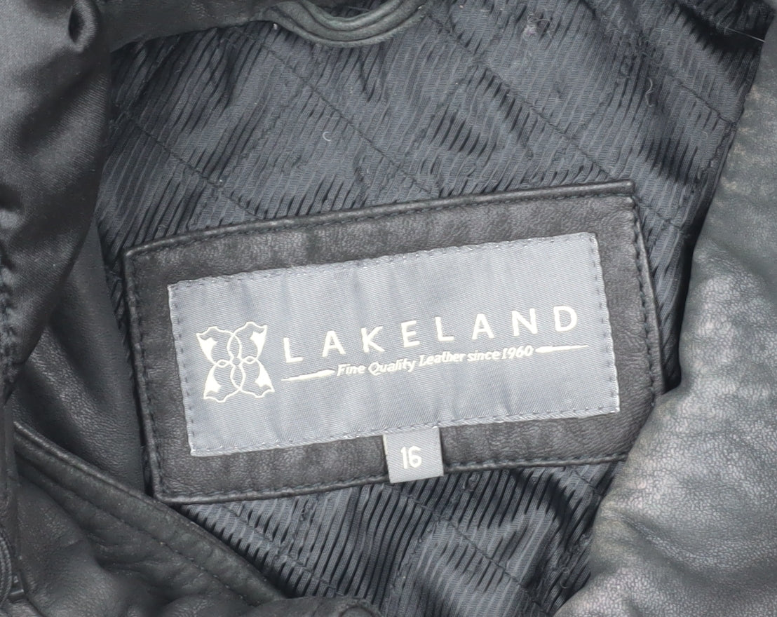 Lakeland Women's Black Leather Fur Trim Coat Size 16