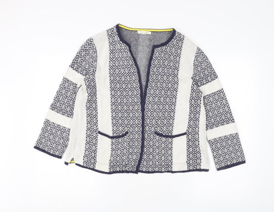 White Stuff Women's Blue Geometric Open Front Cardigan Size 14
