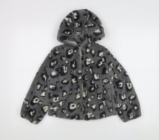 Benetton Girls Grey Faux Fur Hooded Puffer Jacket 6-7 Years