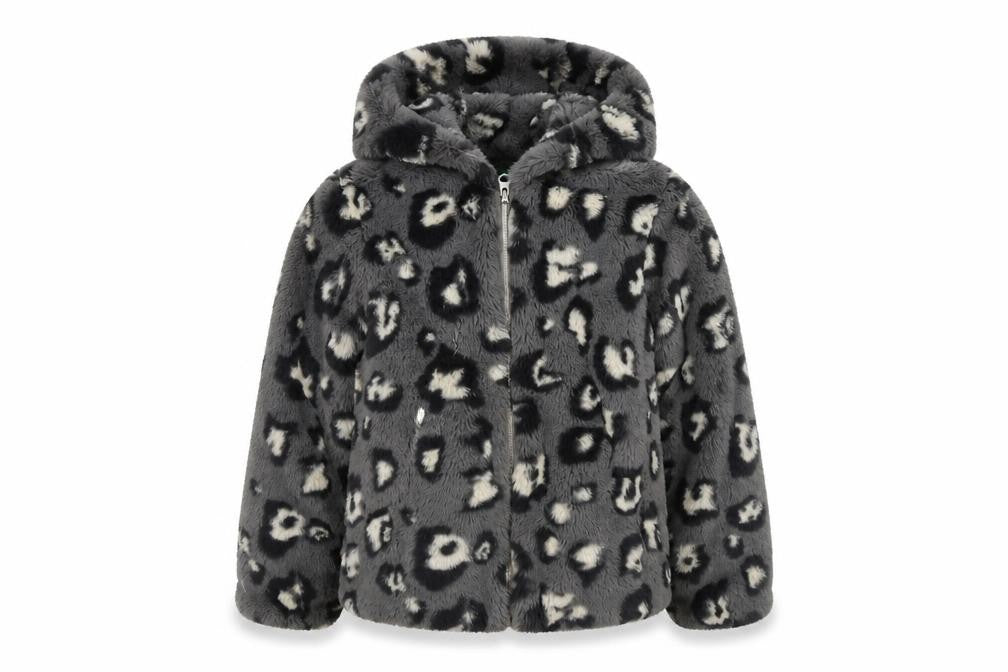 Front view of Benetton girls’ grey faux fur hooded puffer jacket 6-7 years