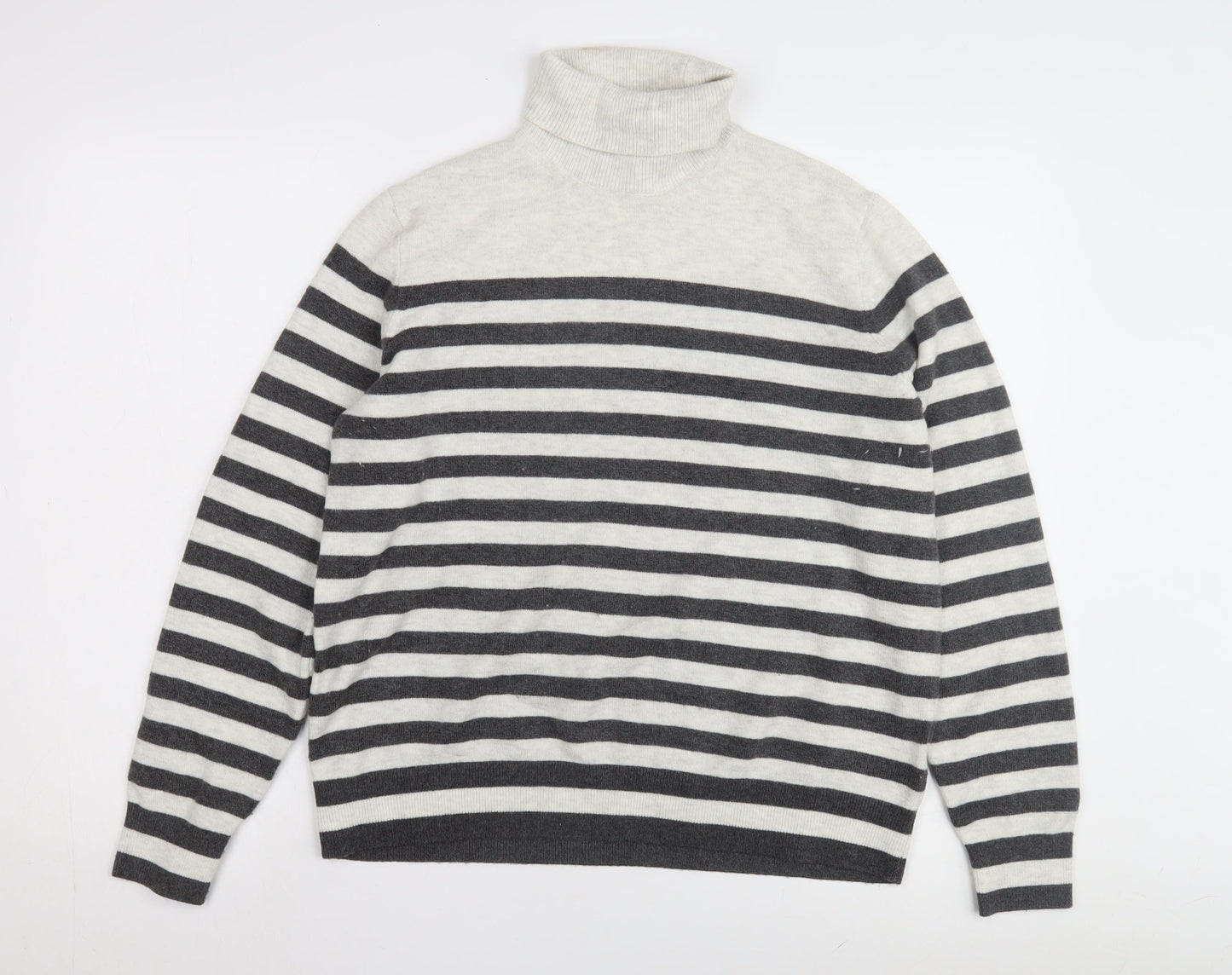 Marks and Spencer Women's Grey Striped Roll Neck Jumper M