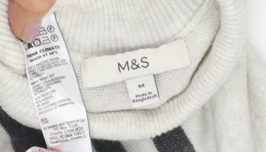 Marks and Spencer Women's Grey Striped Roll Neck Jumper M