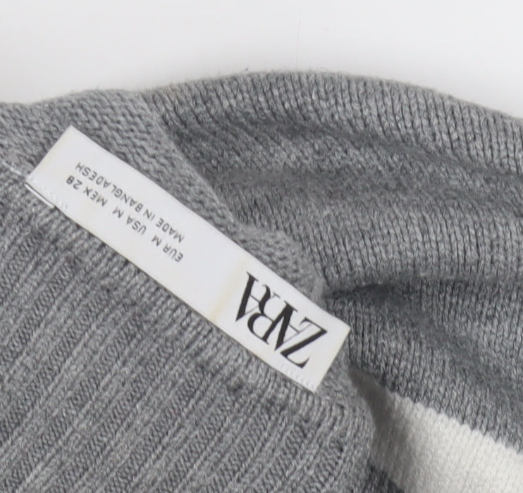 Zara Women's Grey Striped Mock Neck Jumper Size UK 0