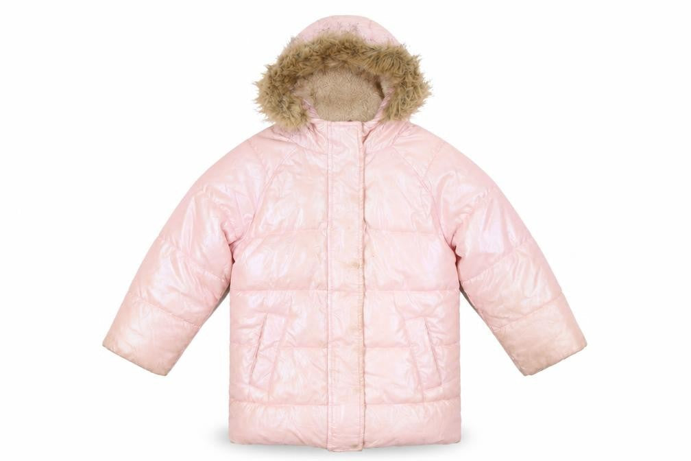 Front view of Country Casuals C Kids Pink Puffer Coat, girls’ 5-6y, winter hooded