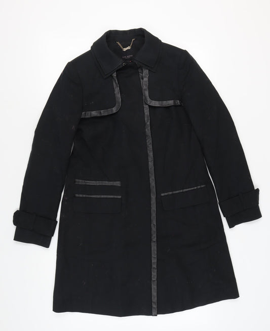 Ted Baker Women's Black Wool Coat Size 2 with Leather Trim