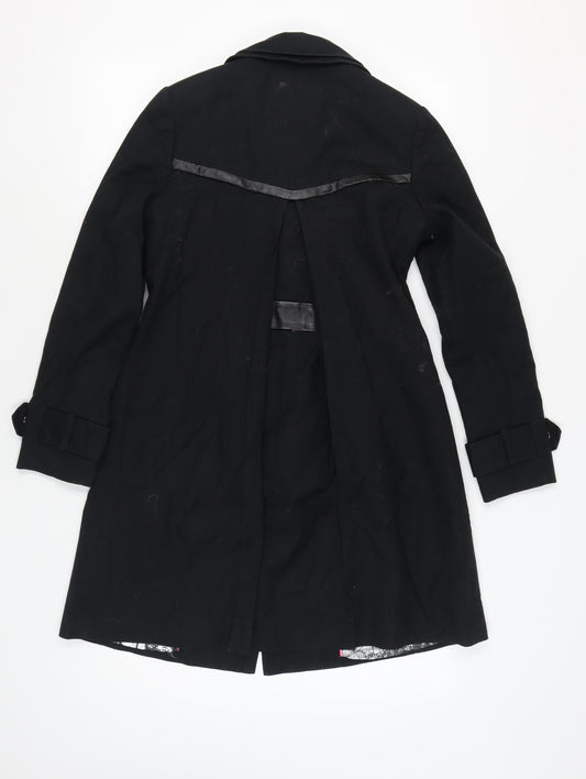Ted Baker Women's Black Wool Coat Size 2 with Leather Trim