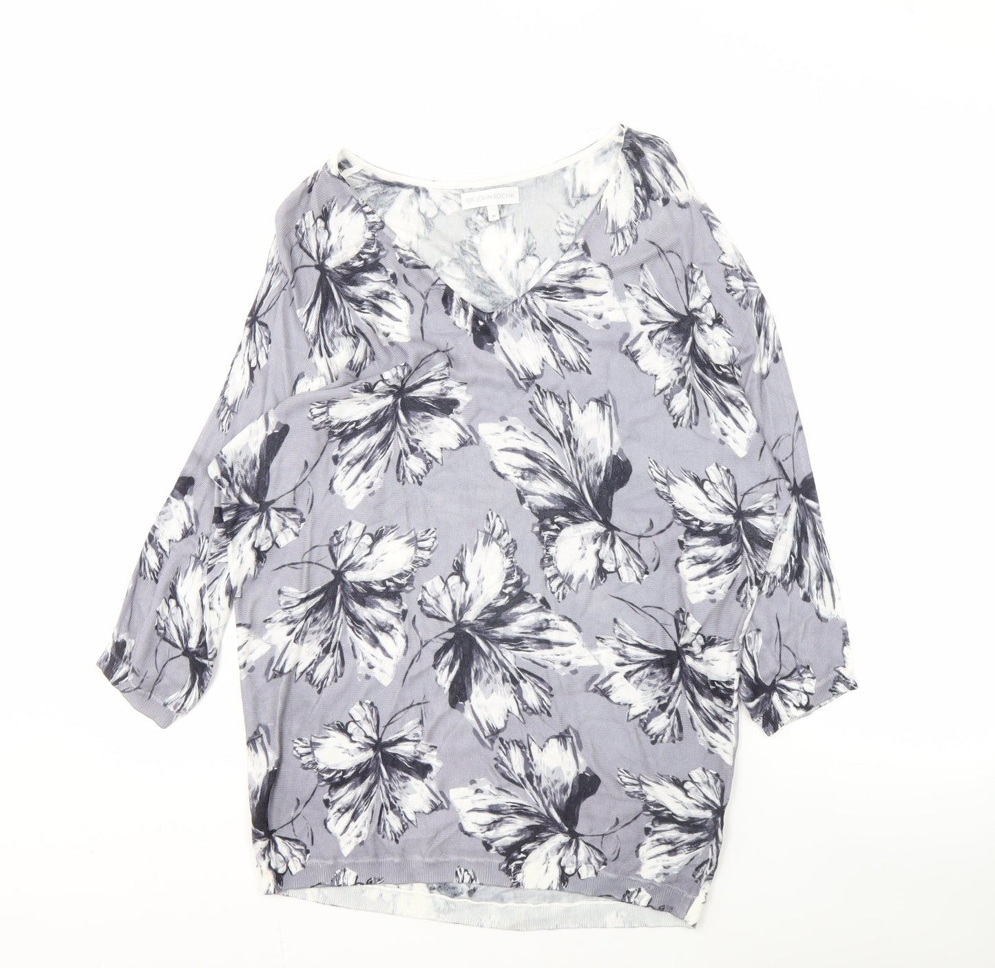 RJR. John Rocha Women's Grey Floral V-Neck Jumper Size 14