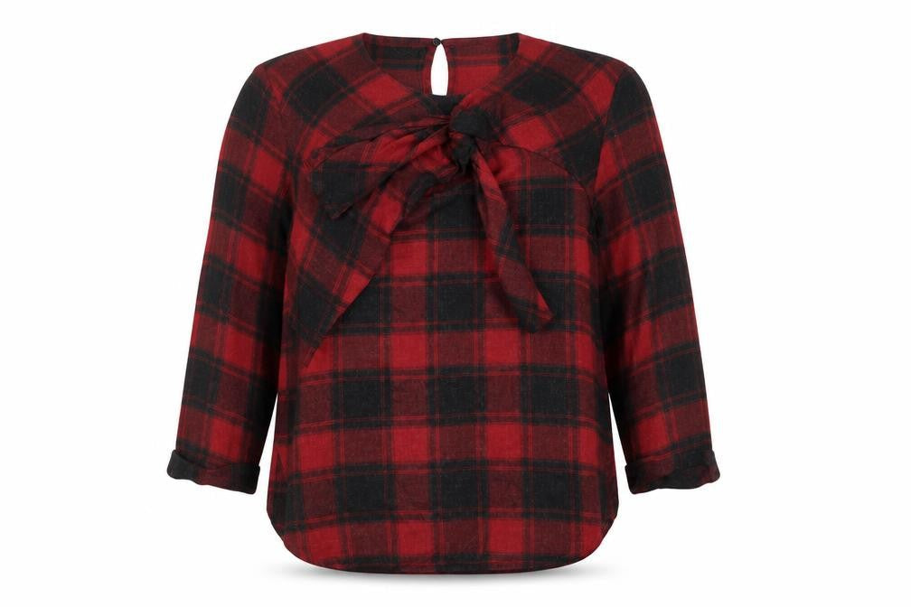 Zara Woman Red Plaid Bow Blouse, Size 12, Long Sleeve