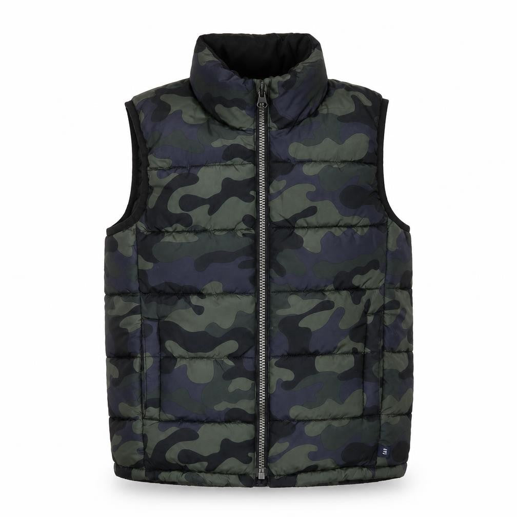 Front view of Gap boys’ camouflage puffer jacket, green, size 6-7, winter