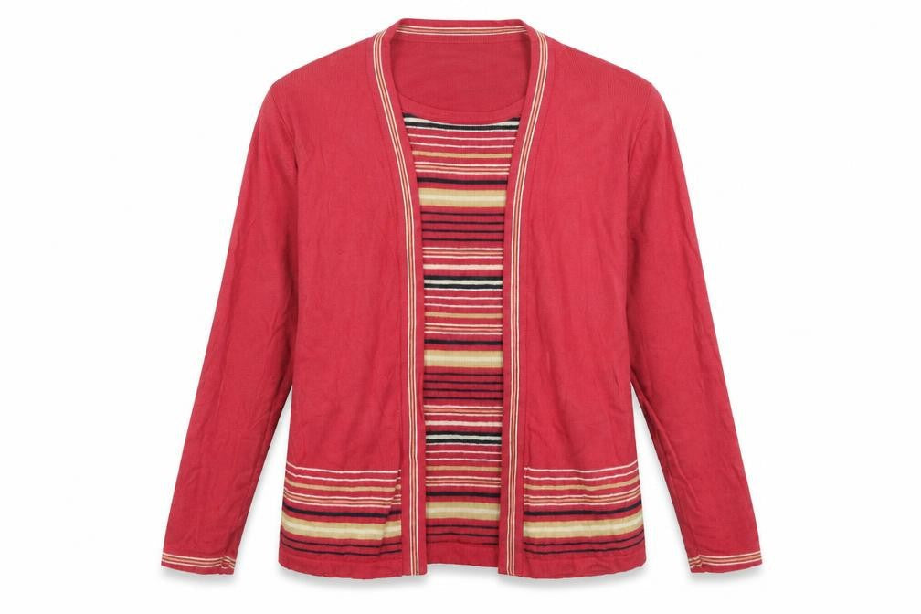 Front view of Honor Millburn Women's L Red Striped Cardigan