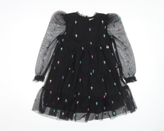 Angel & Rocket Girls Black Puff Sleeve Dress Embroidered 9 Years