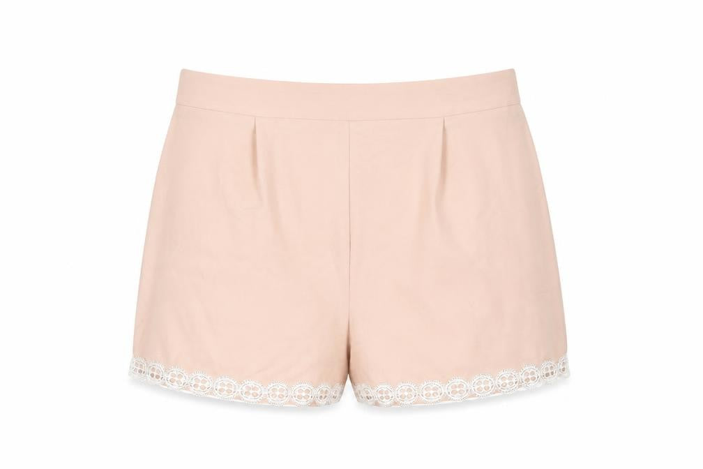 Front view of Miss Selfridge Petites Lace Accent Women's Beige Shorts