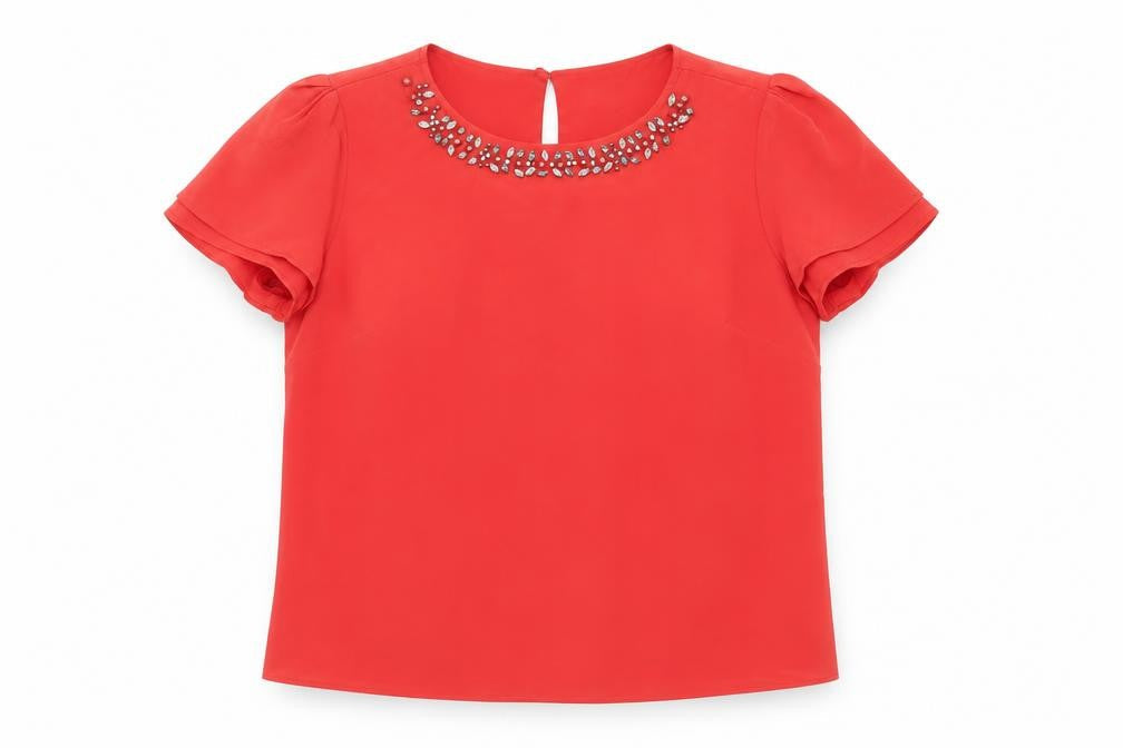 Women's Red Beaded Short Sleeve Silk Top, Size 12