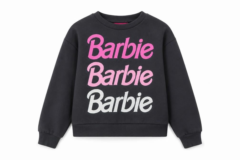 Front view of Barbie girls’ black pullover sweatshirt 7-8 years logo print