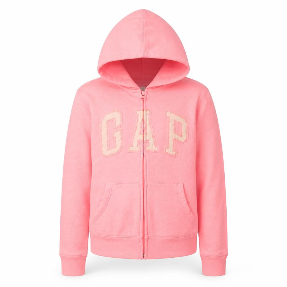 Front view of Gap girls’ pink xl full zip logo hoodie