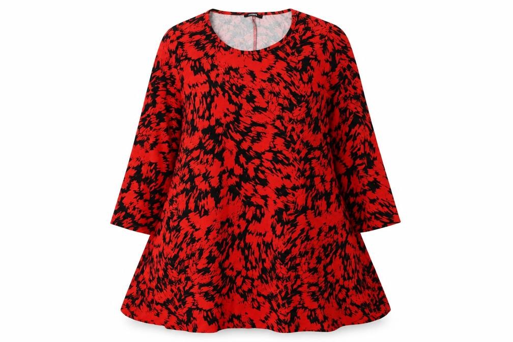 Front view of Roman Women’s Red Tunic 3/4 Sleeve Animal Print