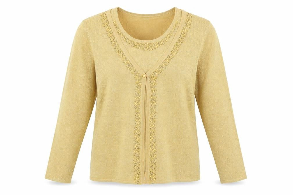 Damart Women's Gold Beaded Cardigan L V-Neck Party