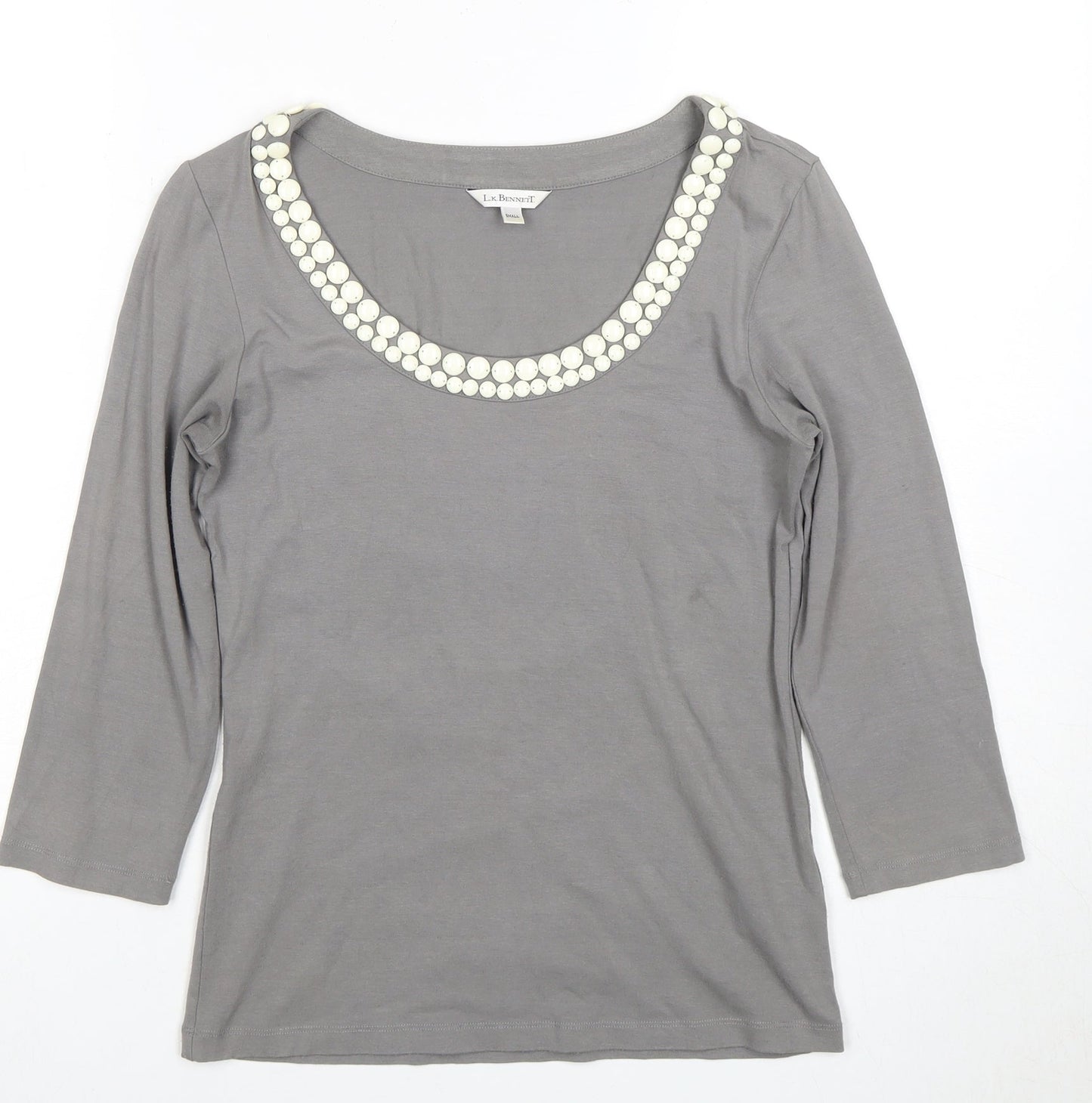 LK Bennett Grey Women's Top S, Beaded Scoop Neck, 3/4 Sleeve