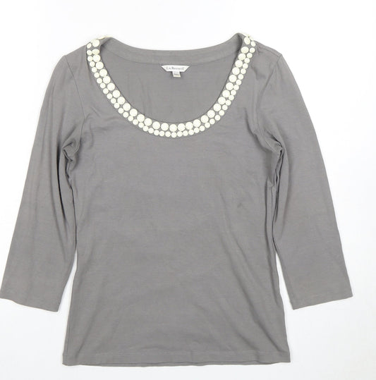 LK Bennett Grey Women's Top S, Beaded Scoop Neck, 3/4 Sleeve