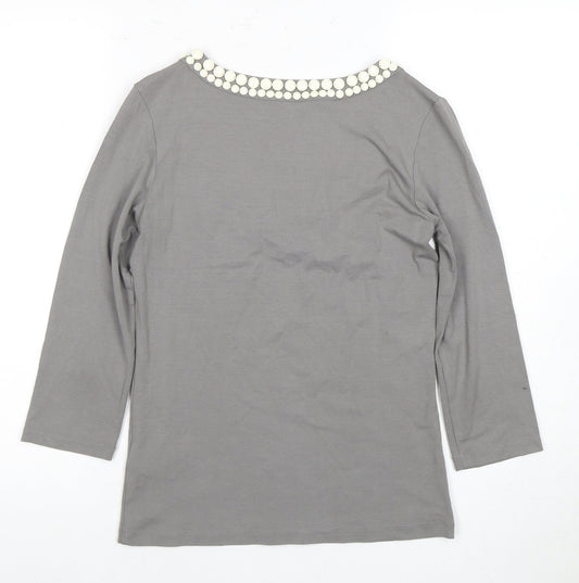 LK Bennett Grey Women's Top S, Beaded Scoop Neck, 3/4 Sleeve