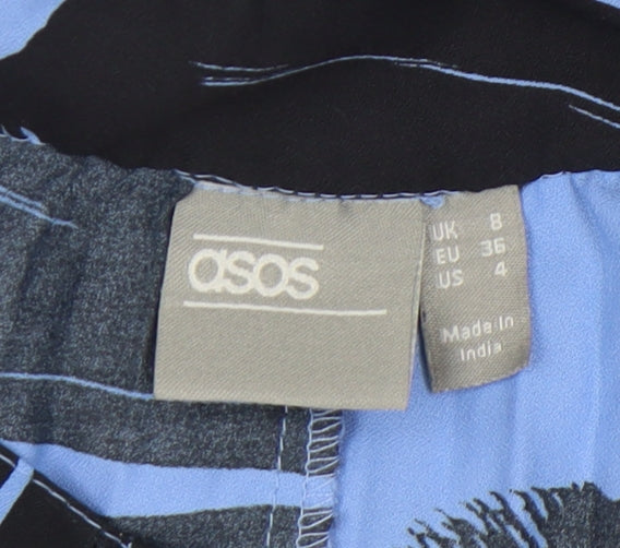 Brand and care label for ASOS Women's Blue Geometric Pleated Skirt, size 8