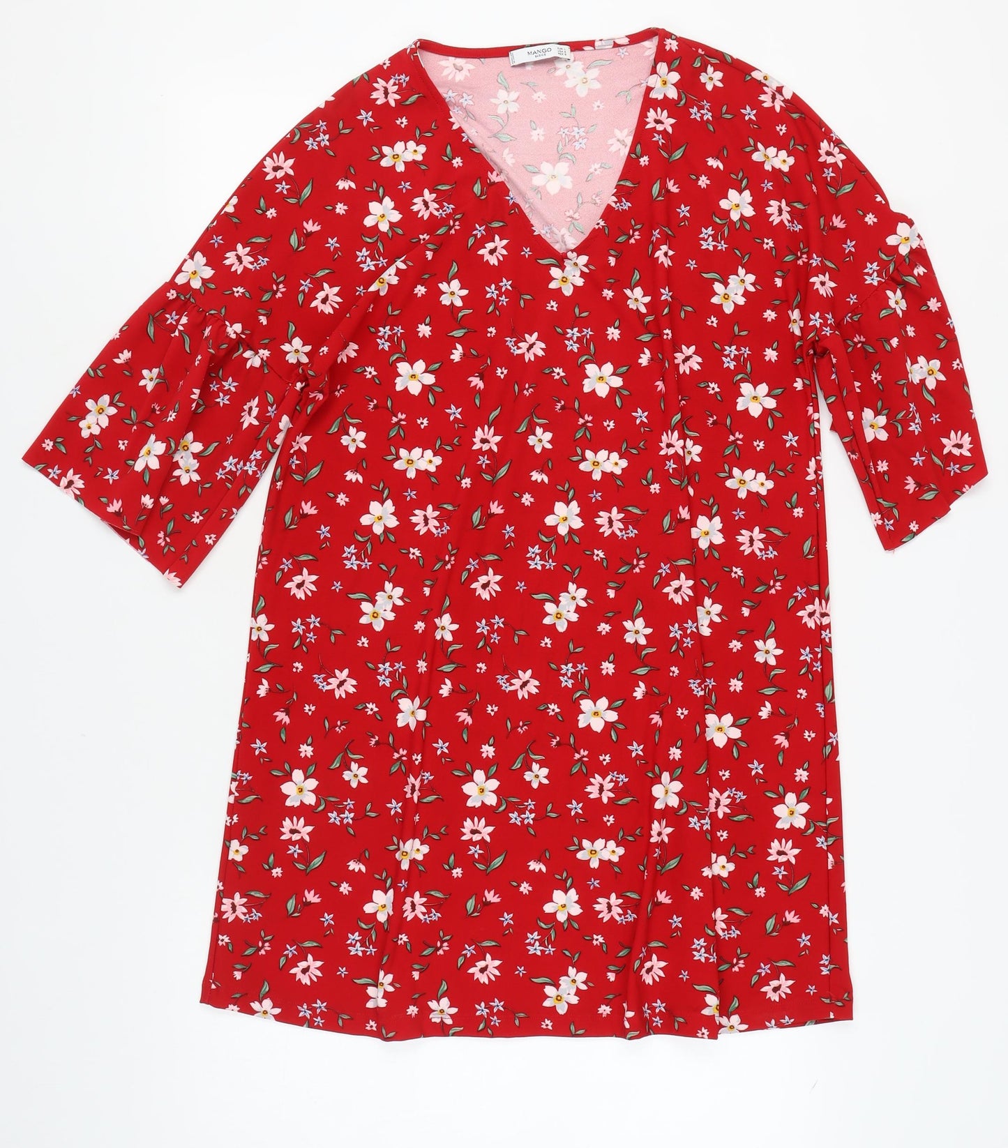 Mango Women's Red Floral Bell Sleeve Dress Size 12