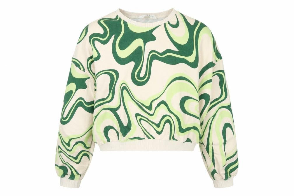 Front view of H&M girls’' beige green abstract pullover sweatshirt 12-13y