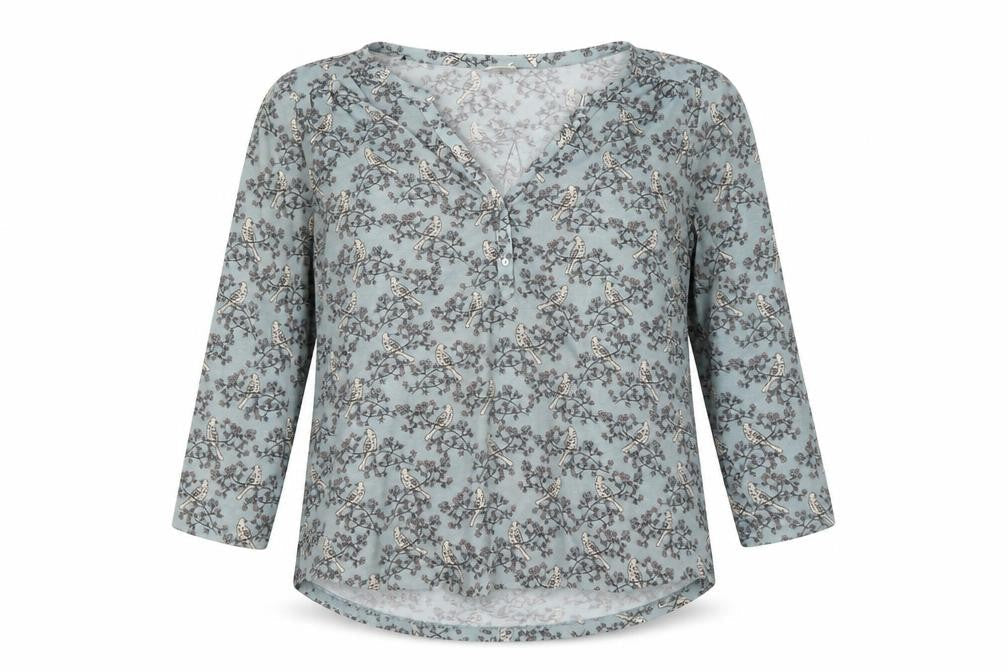 H&M Women's Blue Nature Print Blouse, Size 12, V-Neck